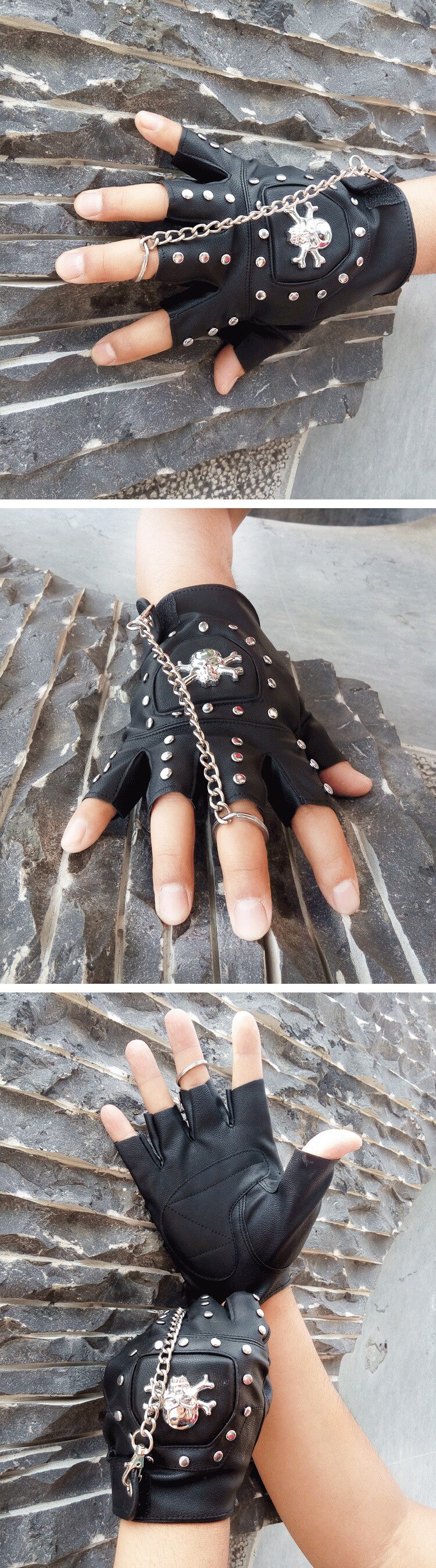Schedels Klinknagel Pu Lederen Vingerloze Handschoenen Mannen Vrouwen Mode Hip Hop Vrouwen Keten Punk Handschoenen Half Vinger Mannen &#39;S Handschoenen