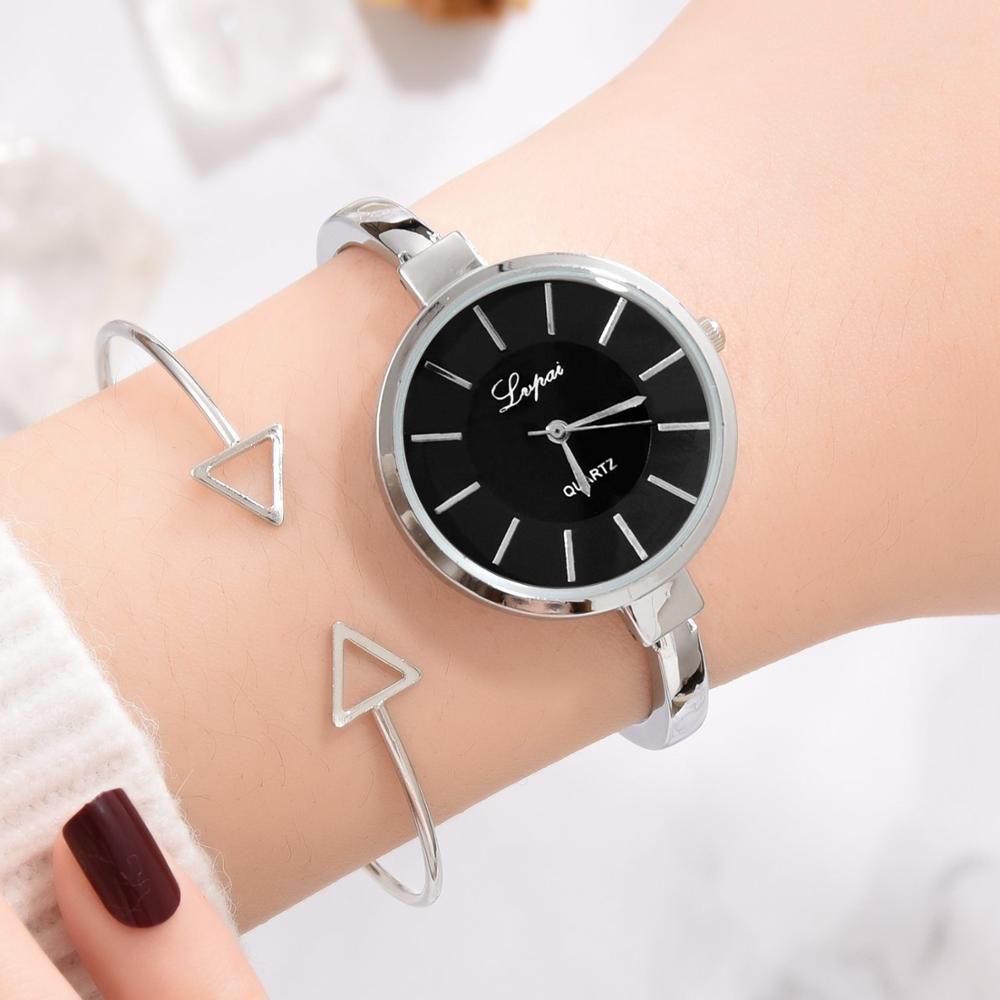 Lvpai Brand Watch Women Big Scale Bracelet Watches Set Thin Style Fine Strap Quartz Gold Wristwatch Relojes De Mujer: Silver Black