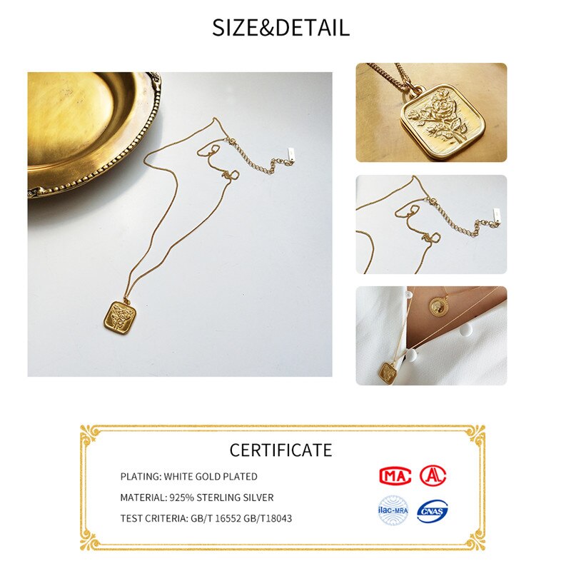 INZATT Boho Spiegel Cirkel Vierkante Rose Bloem Hanger Ketting 925 Sterling Zilveren Fijne Sieraden 45 cm of 55 cm Keten voor Vrouwen