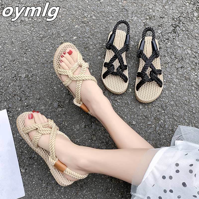 Dam sandaler hampa rep lägenheter kvinnliga slip on beach skor andas bekväm kors slips damsko