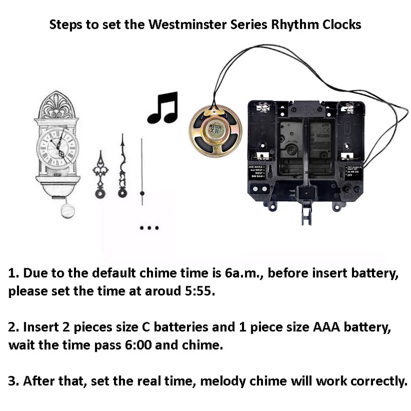 Uhr bewegung mit pendel, 5cm achse, jeden 15min/stündliche glockenspiel/nacht aus modus/24hr auf modus, uhr hände verfügbar