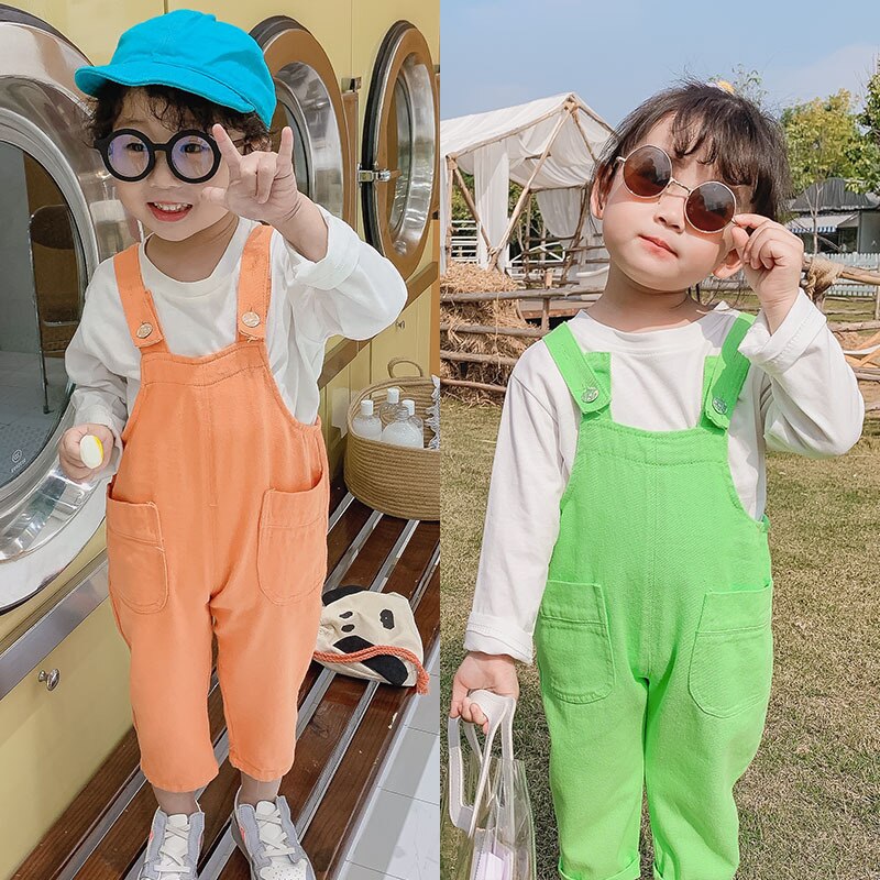 Korean style boys girls bright color casual overalls children cute all-match big pockets suspender trousers