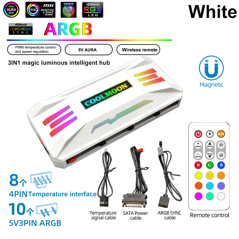 COOLMOON 5V/3Pin ARGB 4Pin Fan PWM HUB 1To8 Music Rhythm Temperature Controller Aura Sync Cooling Fan Remote Control Chassis Hub: black