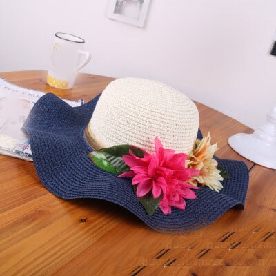 Sombrero de paja con flores para madre e hija, sombrero flexible de ala ancha para playa, verano,: Navy blue