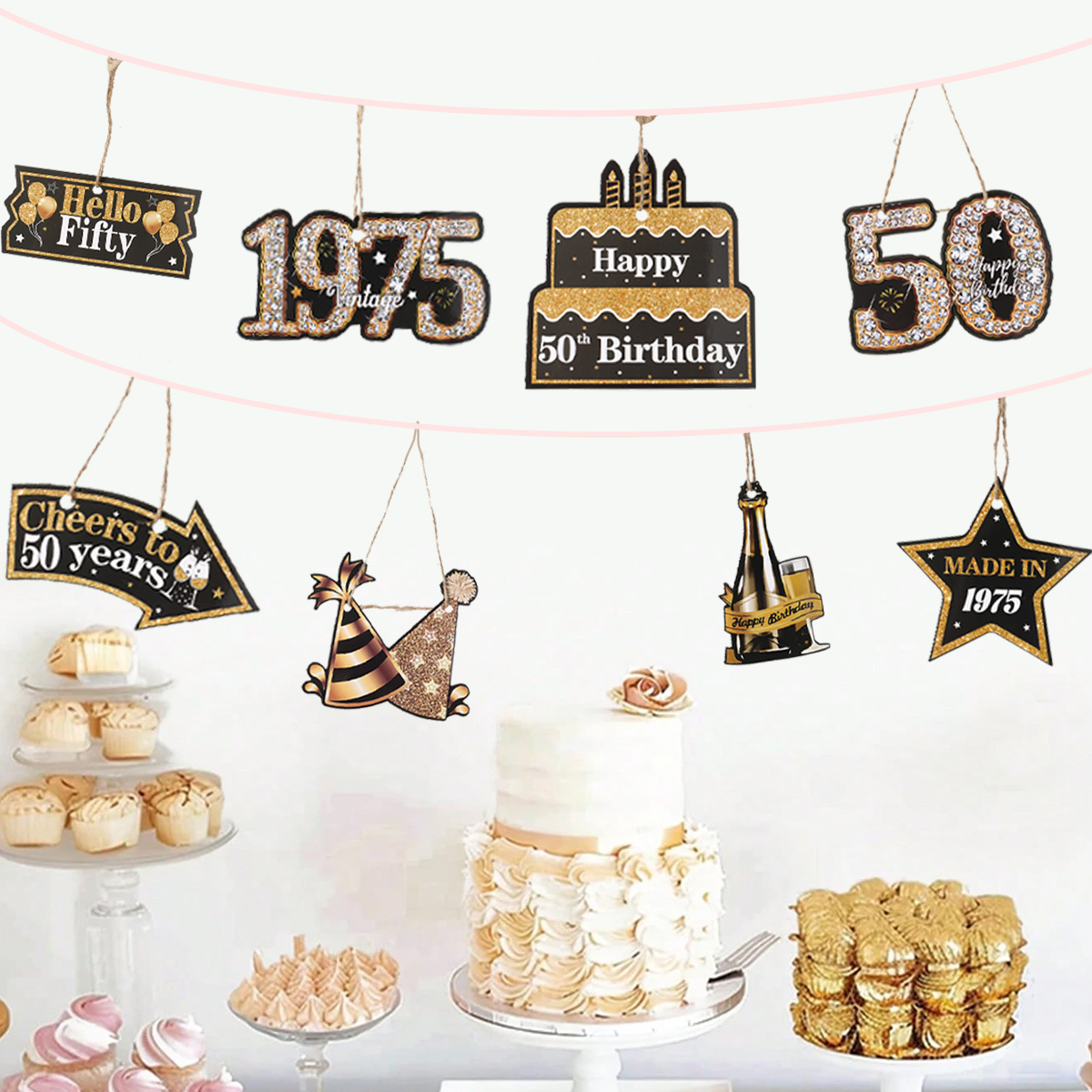 Bandeira de papel para aniversário de 50 anos, decoração de festa de feliz aniversário para adultos, suprimentos para festa de aniversário, lembranças