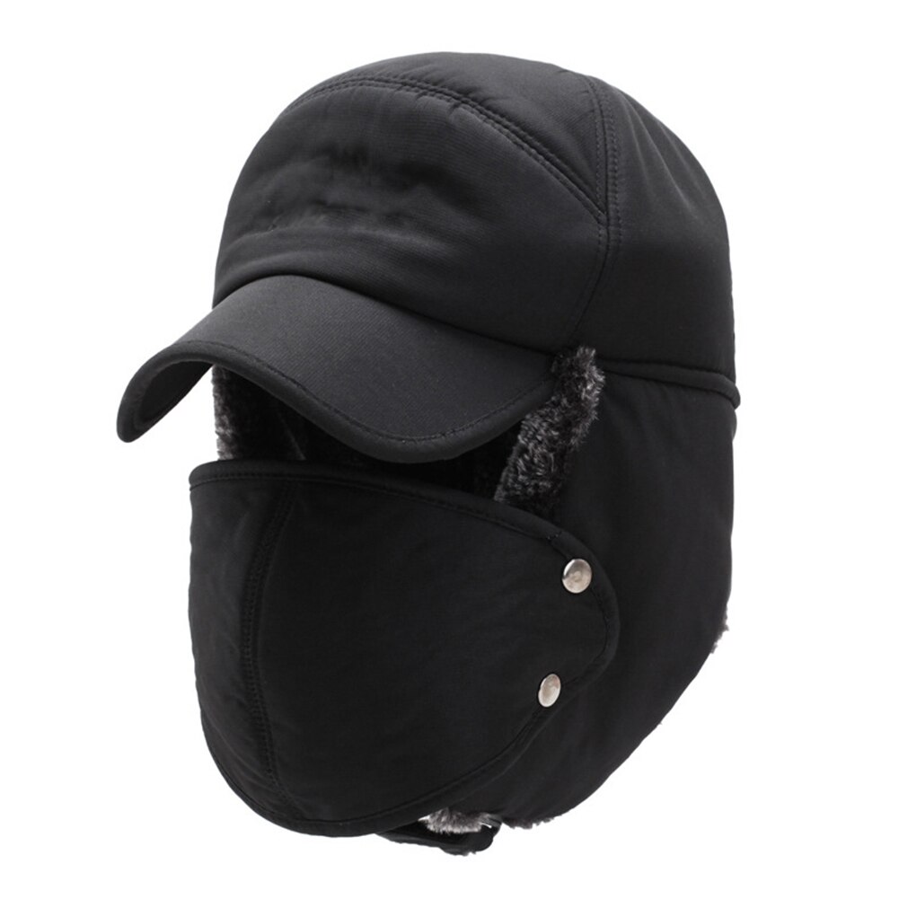 Unisex varm vinter trapper trooper hat herre imiteret pels bomber hatte med øreklap vindtæt maske sne ski hat jagthue: Sort