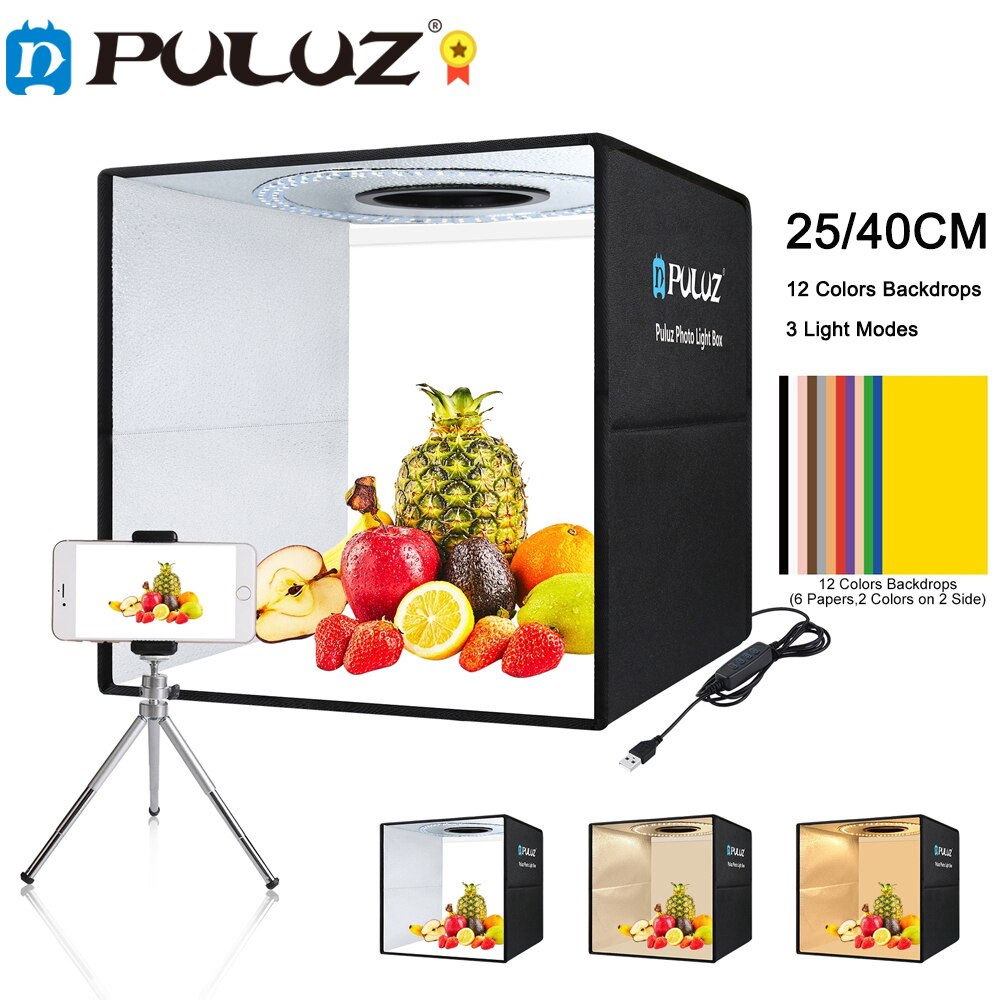 PULUZ – boîte de Studio Photo Portable, 3 modes d&#39;éclairage, photographie, anneau LED, Kit de tente de prise de vue, boîte à lumière de fond 6/12 couleurs Studio de photographie Lightbox, Softbox de décors de 6 couleur