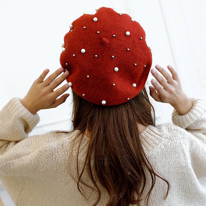 Women Girls Pearl Rhinestone Wool Beret – French Style Cap, Solid Color, Fall Winter, Casual Or Party
