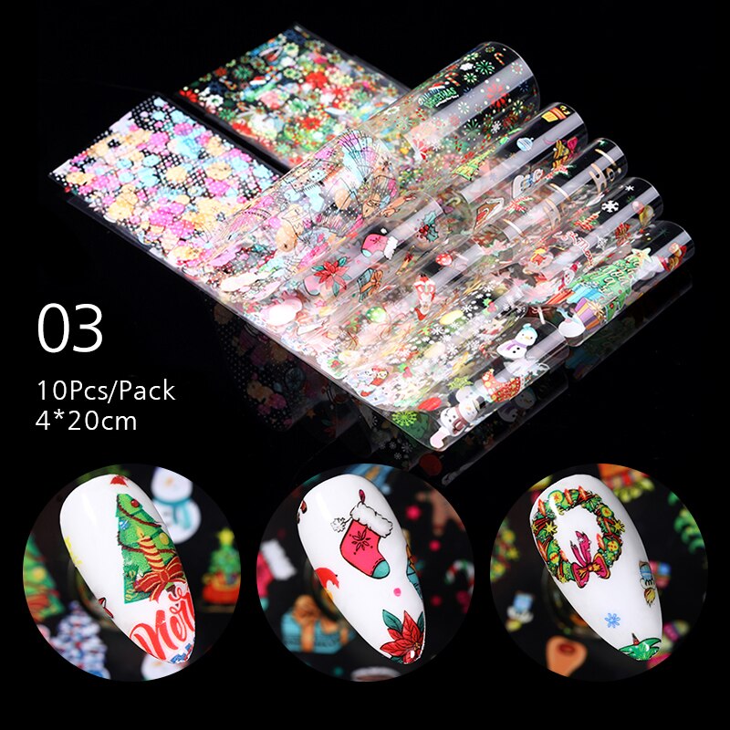 10 Stks/set Wit Sneeuwvlok Nagels Art Transfer Folie Gemengde Winter Ontwerpen Lijm Nail Stickers Folie Decor Accessoire: 10pcs-3