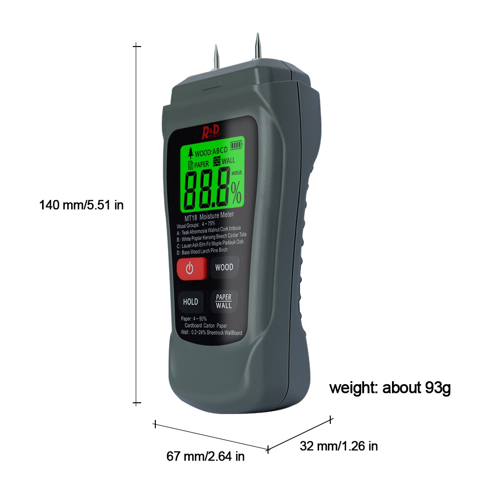 Medidor de humedad de madera, higrómetro de pared de papel, Detector de humedad de madera, probador de densidad de árbol gris, MT-18 R &amp; D,