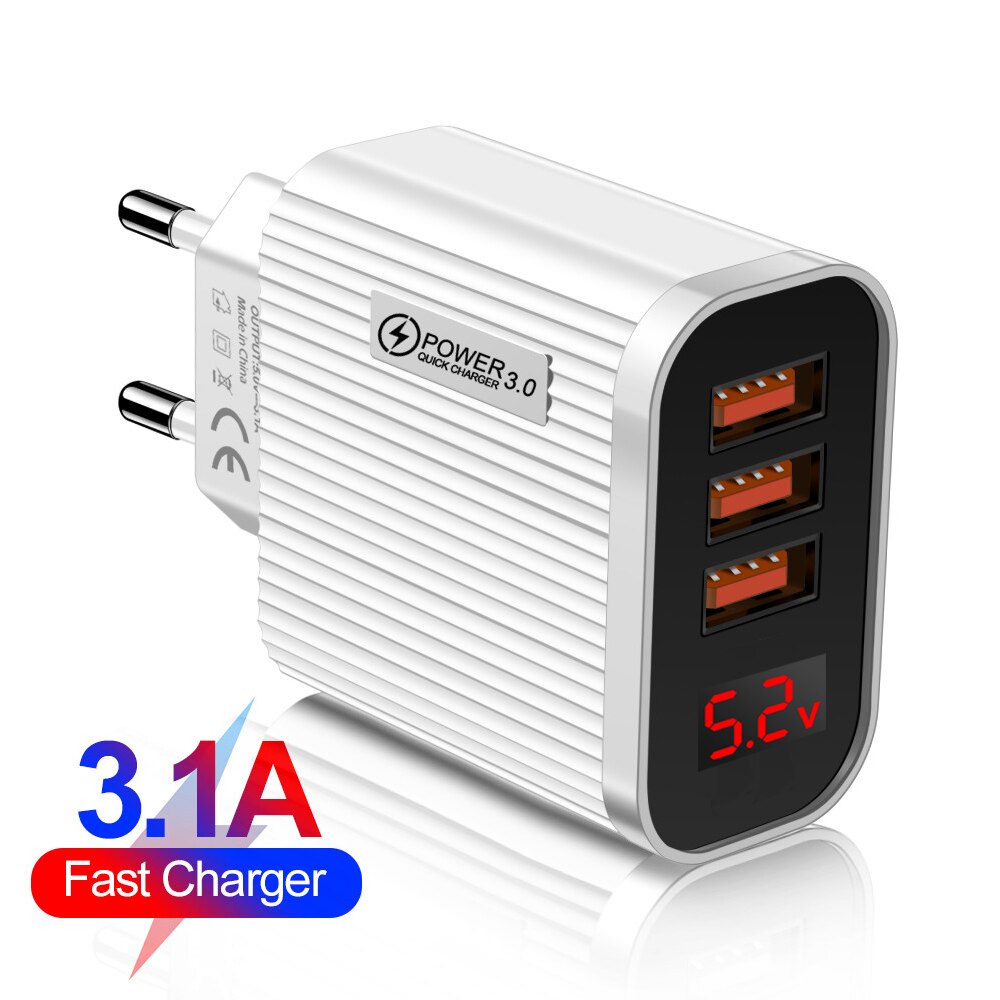 3 porty 5V 3.1A ładowarka USB szybka ładowarka z cyfrowym wyświetlaczem LED dla iPhone 12 11 XS Samsung Xiaomi telefon szybkie ładowanie