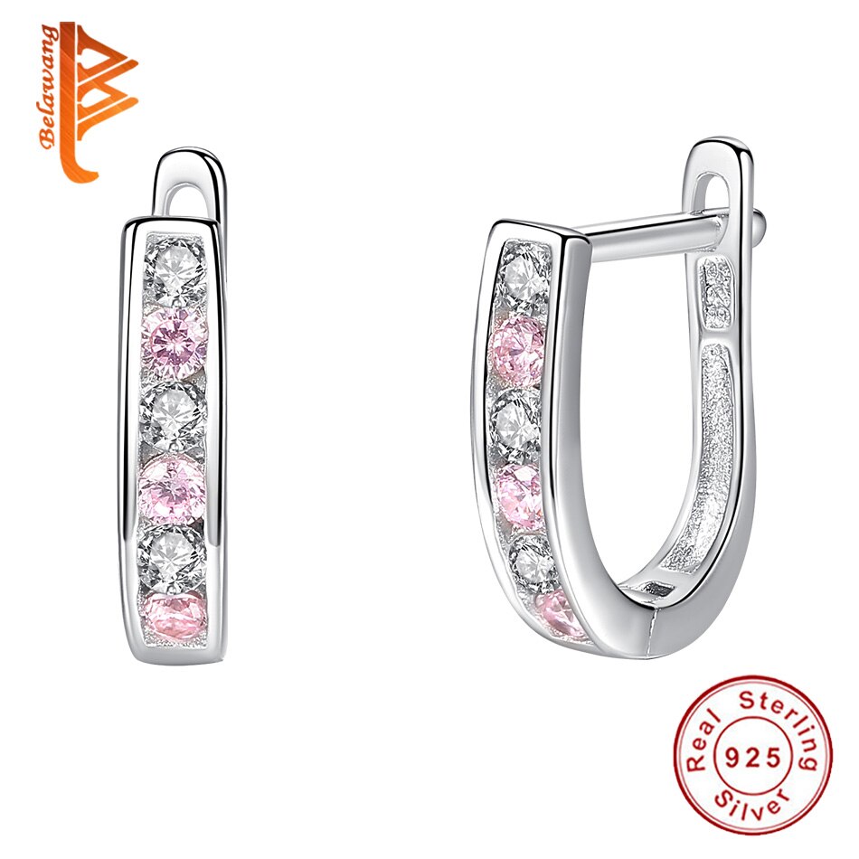 Belawang Pure 925 Sterling Silver Cubic Zirkoon Ronde Hoop Oorbellen Voor Vrouwen & Meisje Roze Oorbellen Sterling Zilveren Sieraden
