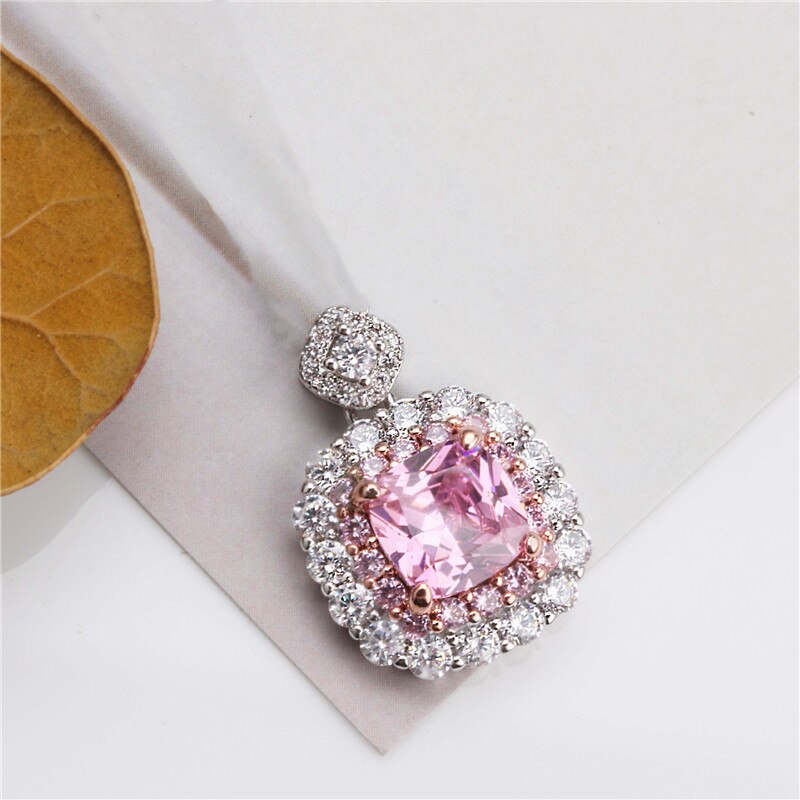 CC Necklaces Pendants For Women 925 Silver Cubic Zirconia Pink/Yellow Square Stone Bridal Wedding Pendant No Chain CCN250: Pink