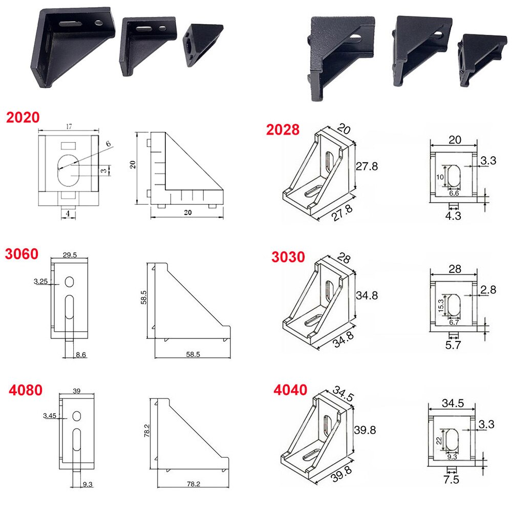 Corner Bracket Fitting Black Angle Aluminum Connector 2028 3030 3060 4040 4080 for Industrial Aluminum Profile