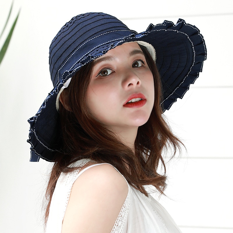Women Hat Korea Style Bowknot Foldable Large Wide Brim Hats Anti-UV Adjustable Ladies Beach Sun Basin Caps