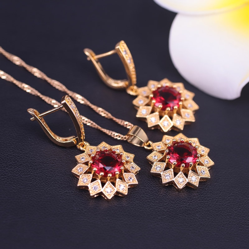 Solros röd sten guld färg kostym smycken set för kvinnor örhängen halsband set i butik