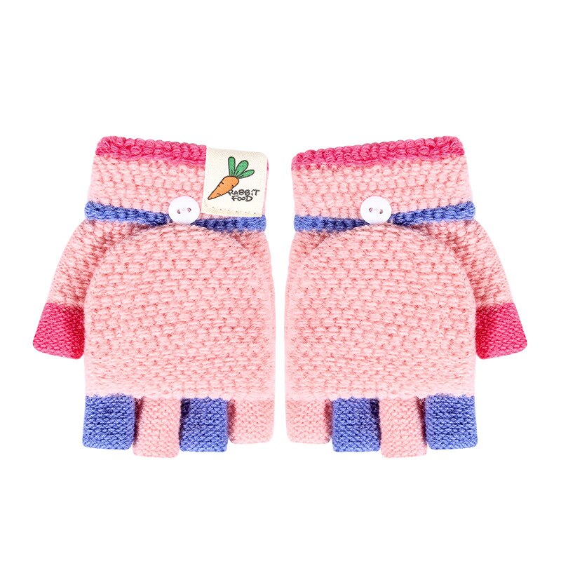 Children Winter Gloves Half Finger Flip Cover Gloves For Kid Girl Knitted Warmer Solid Mittens Baby Woolen Crochet Mitten 3-6Y: Pink