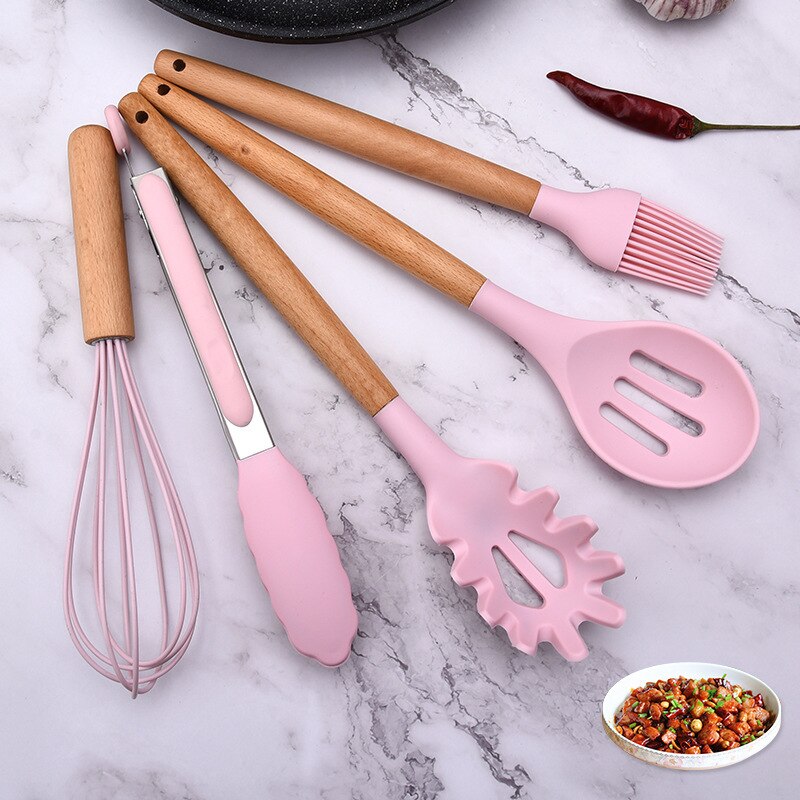 Ustensiles de cuisine en silicone, 11- pièces, ustensiles de cuisine antiadhésifs, cuillère de cuisine, spatule, manche en bois, ustensiles de cuisine