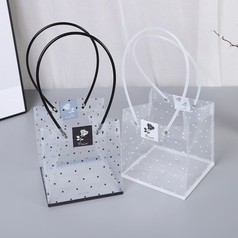 Bolsas de flores portátiles transparentes con estampado de lunares, bolsas de plástico decorativas para almacenamiento de flores de boda, embalaje de Pascuas, bolsas de cumpleaños para niña