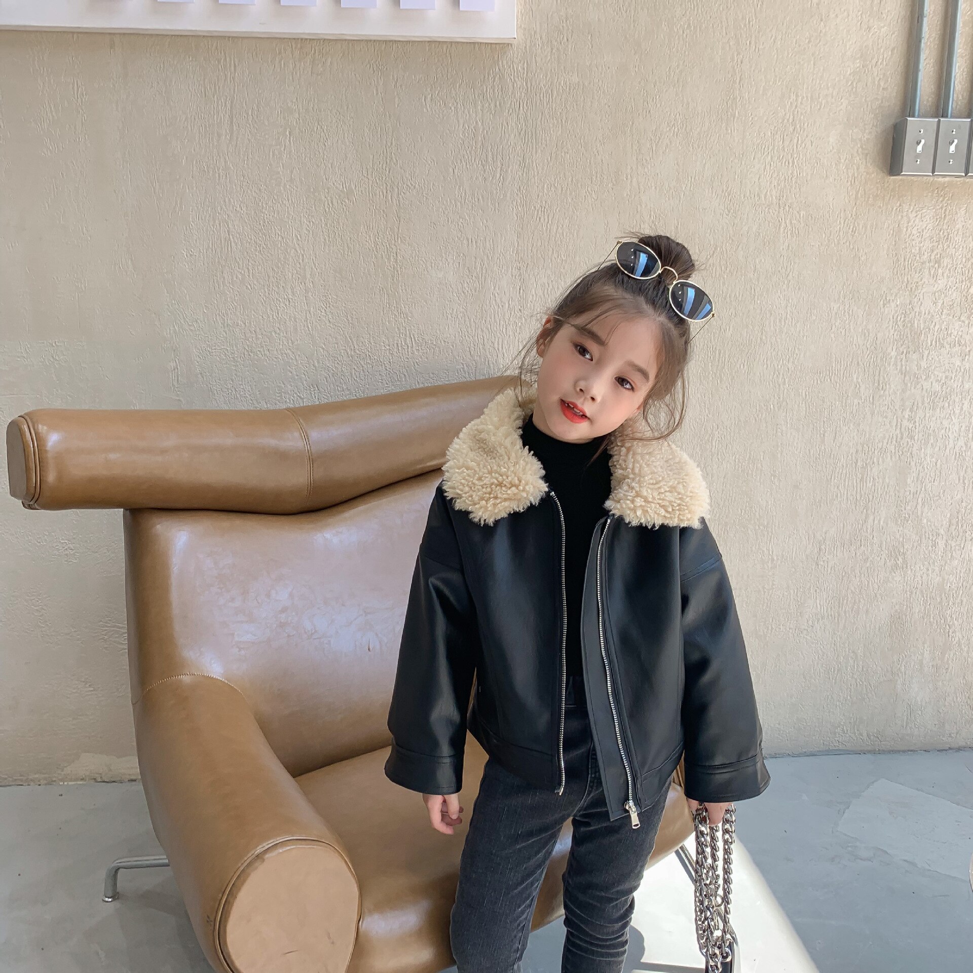 Kids Jackets Motorcycle PU Leather Baby Girls Padded Jacket Winter Boys Zipped Coat Warm Black Polar Fleece Collar