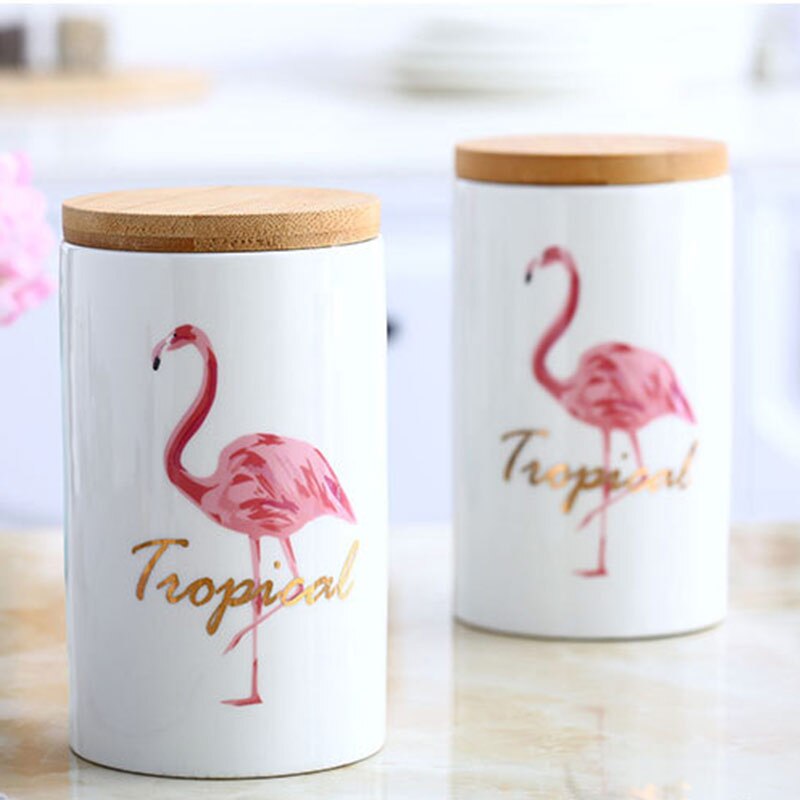 Køkkenartikler køkkenudstyr honningkrukke sukkerkrukke flamingo mærkat keramisk opbevaringsbeholder med bambuslåg og silikone kant