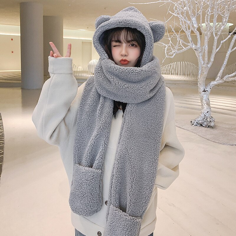 INS Bear – ensemble de gants et écharpes en peluche pour femme, chapeau et décontracté, en molleton solide, accessoires Kawaii, nouveauté hiver: Gray 3Pcs suit