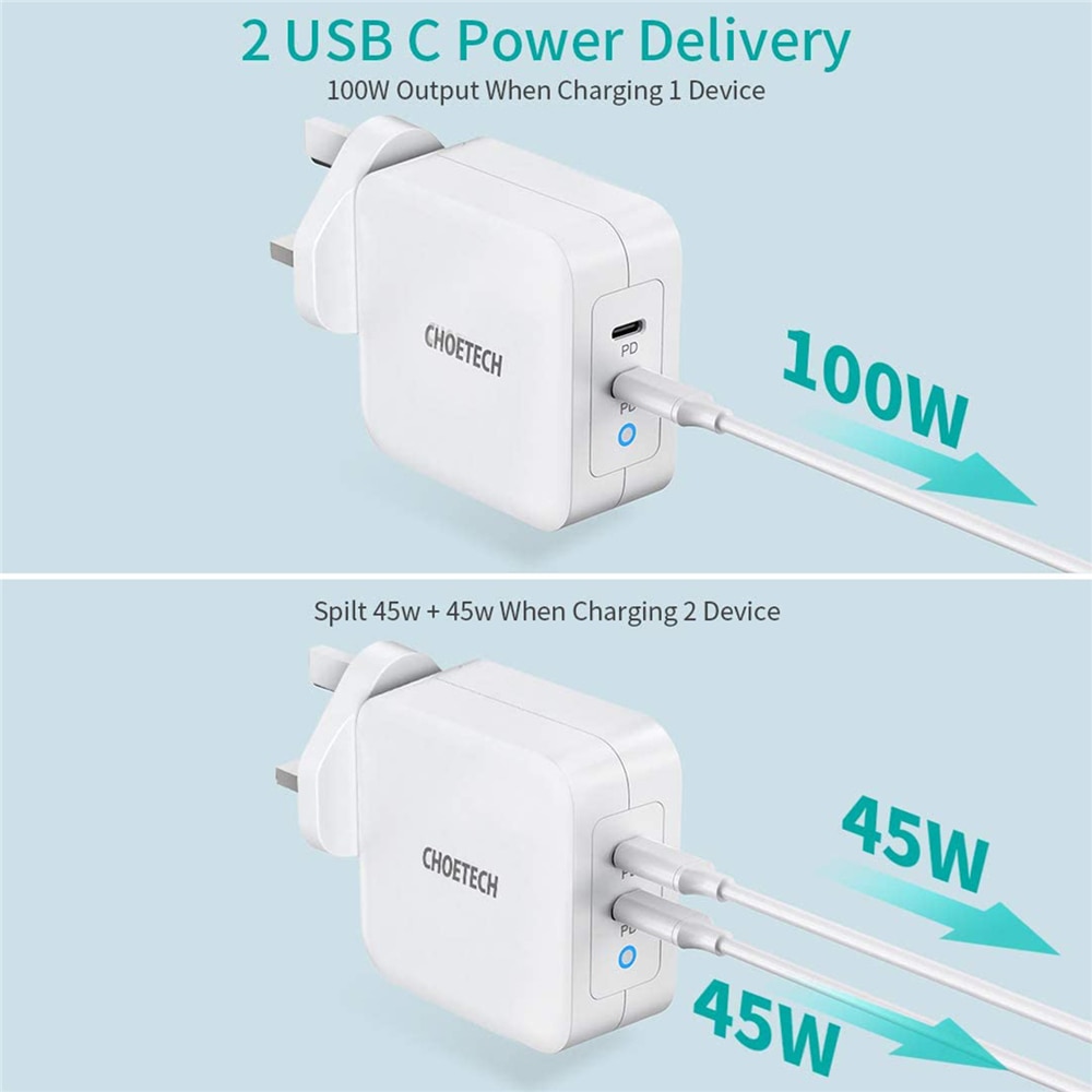 100W GaN Dual USB Type-C Charger for iPad Pro Wall Charger for iPhone 11 Pro Phone for Samsung/Huawei/ASUS/Lenovo/DELL Tablet