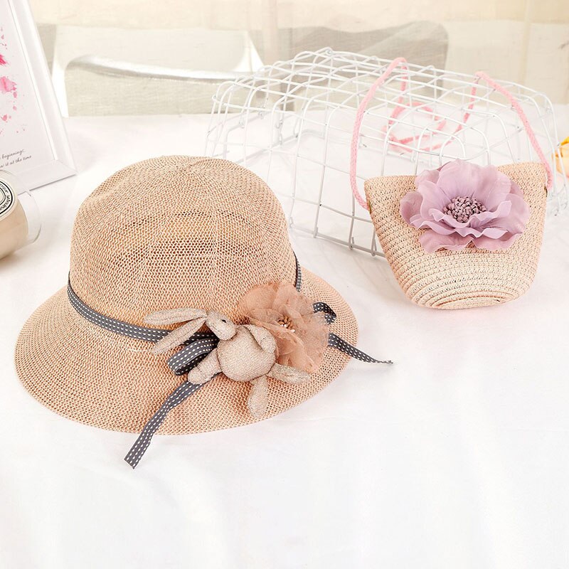 Women Girls Straw Sun Hat + Cute Flower Straw Shoulder Bag Set Summer Beach Kit -OPK