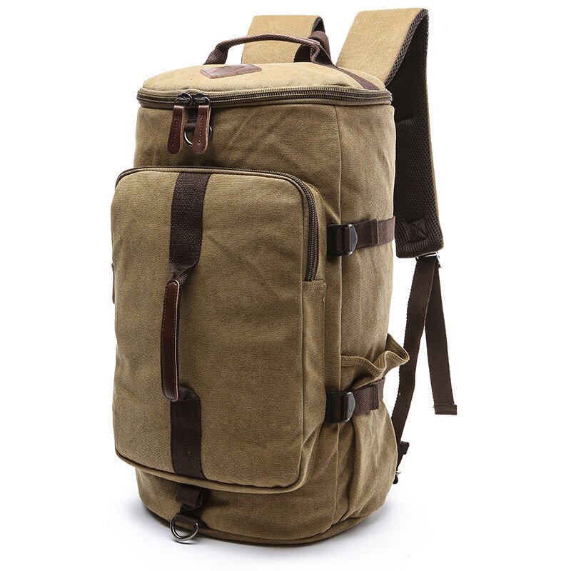 Grandi Uomini di Capacità Cilindro Zaini Tela di Canapa Bagaglio Borse A Spalla Duffle di Viaggio Impermeabile di Cuoio Solido Casual Caso Zaino: Khaki-Large