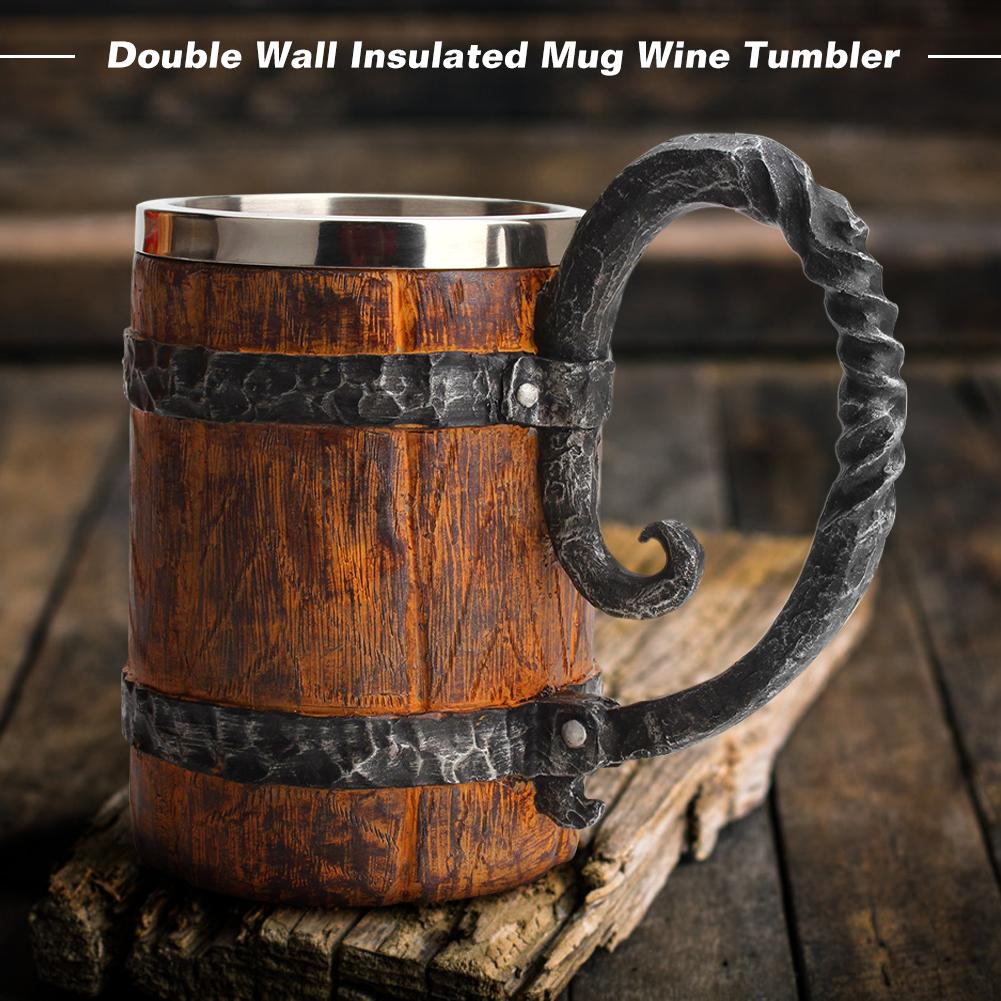 500ml Viking Wood style Beer Mug as Christmas Simulation Wooden Barrel Beer Cup Double Wall Drinking Mug Metal Insulated