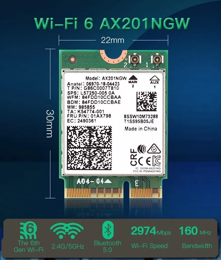 WiFi 6 Card AX201NGW 3000Mbps 2.4G/5G M.2 CNVio2 Wireless Network Card For Bluetooth 5.1 802.11AX For Laptop PC Win 10/11