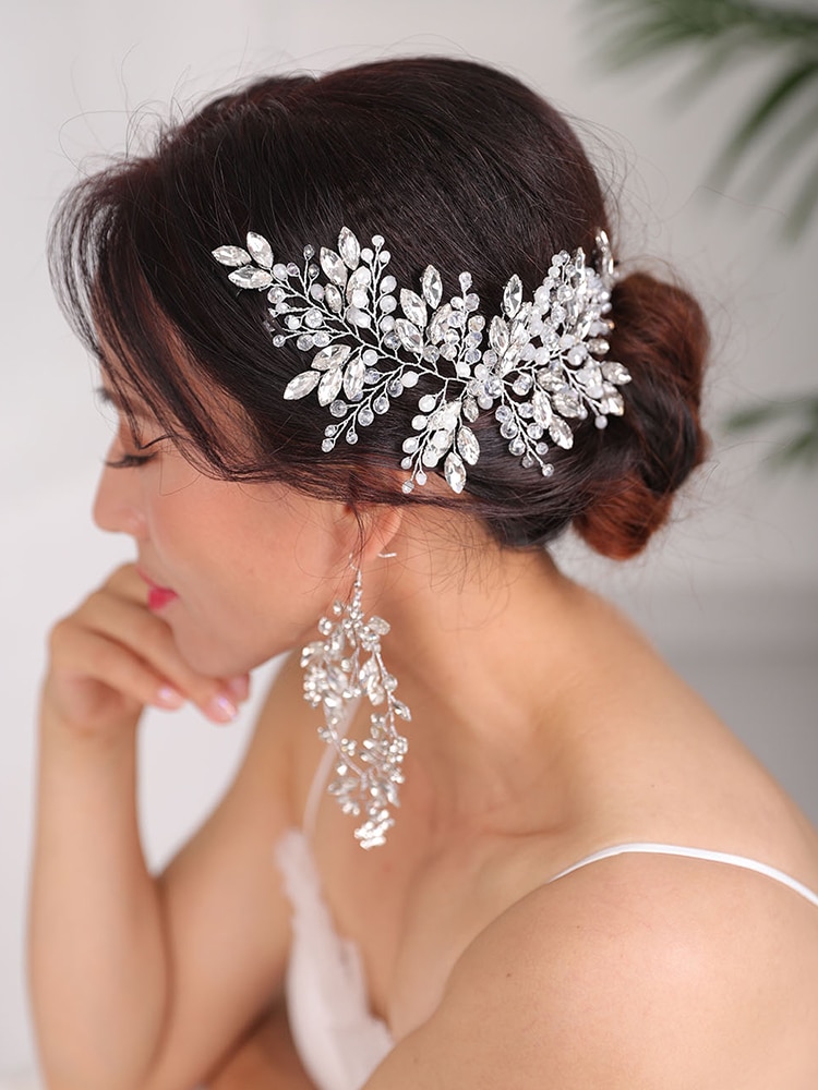 Peinados de boda, tocado de plata, joyas de diamantes de imitación para la cabeza, diadema de cristal y pendientes, conjunto de accesorios para el cabello nupcial