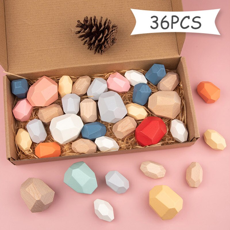 Di Legno colorato Pietre Giocattoli di Legno Blocchi di Costruzione Blocchi di Bilanciamento Impilabile Gioco Arcobaleno di Pietra Colorata Educativi Giocattoli Di Puzzle: 36pcsset box