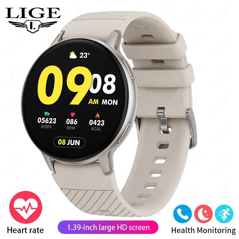 LIGE-Reloj inteligente para hombre y Mujer, accesorio de pulsera resistente al agua con llamadas, Bluetooth, seguimiento de actividad deportiva, oxígeno en sangre y salud: Café