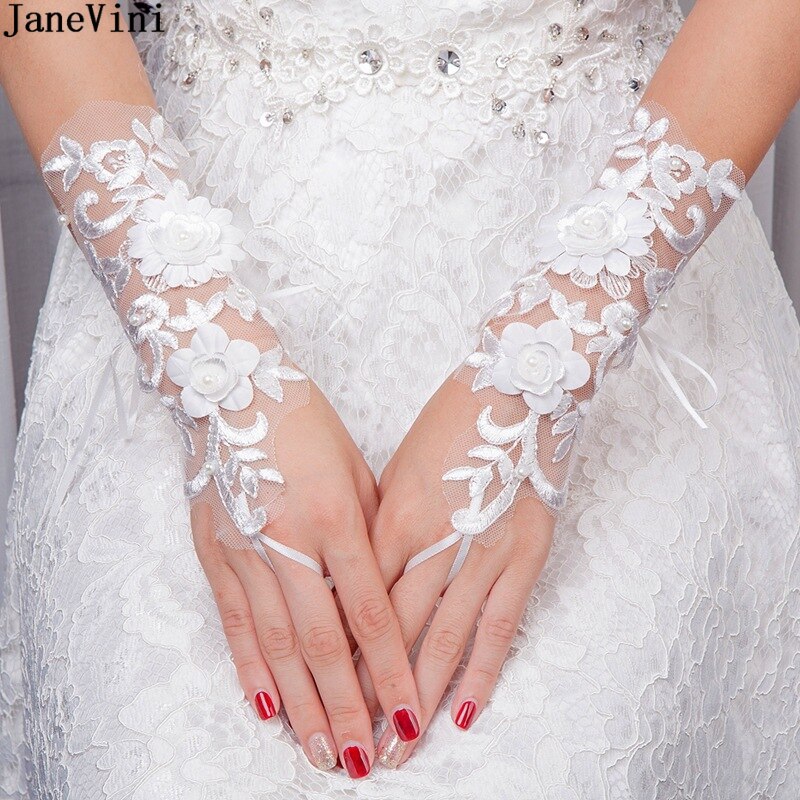 JaneVini Lace White 3D Flowers Pearls Bridal Gloves Fingerless Wrist Length Women Glove Wedding Accessories Guanti Pizza