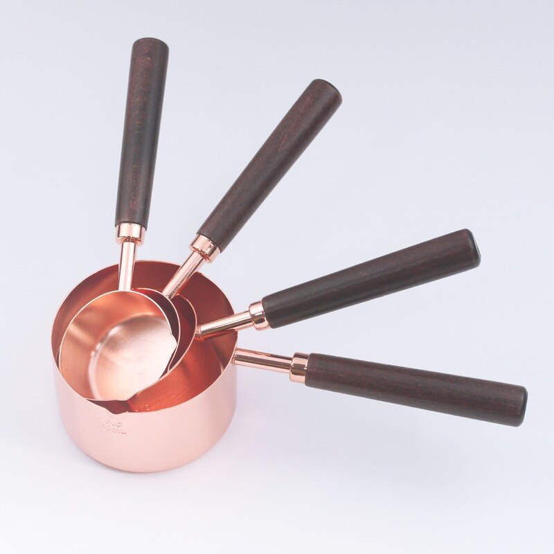 Rose Gold Stainless Steel Coffee Measuring Cup Measuring Spoon Set Utensils Scale Spoon Baking Wooden Handle Measuring Cup
