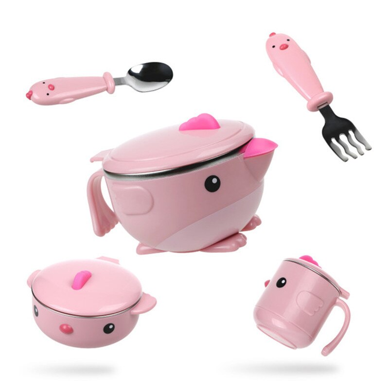 Children dishes set Baby tableware Kit Stainless Steel feeding bowl Spoon Fork Cup Heat preservation bowl: Pink-5
