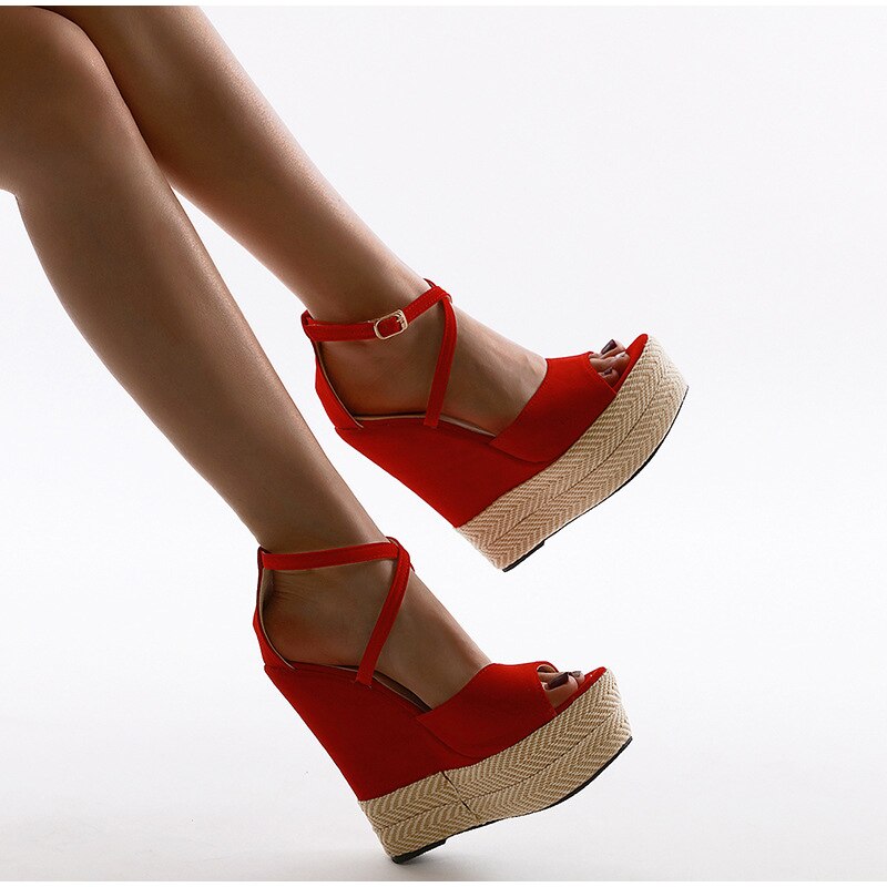 Vrouwen Sandalen Rode Schoenen Vrouw Sleehak Platform Dames Super Hoge Hakken Kruis Gebonden Enkelband Vrouwelijke Zomer Partij Schoenen