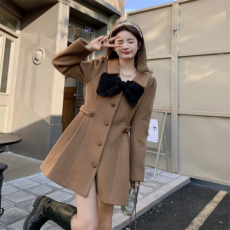 Manteau japonais doux pour fille, manches longues, avec nœud Kawaii, robe d'extérieur Vintage plissée à simple boutonnage, en laine épaisse: CAMEL / S