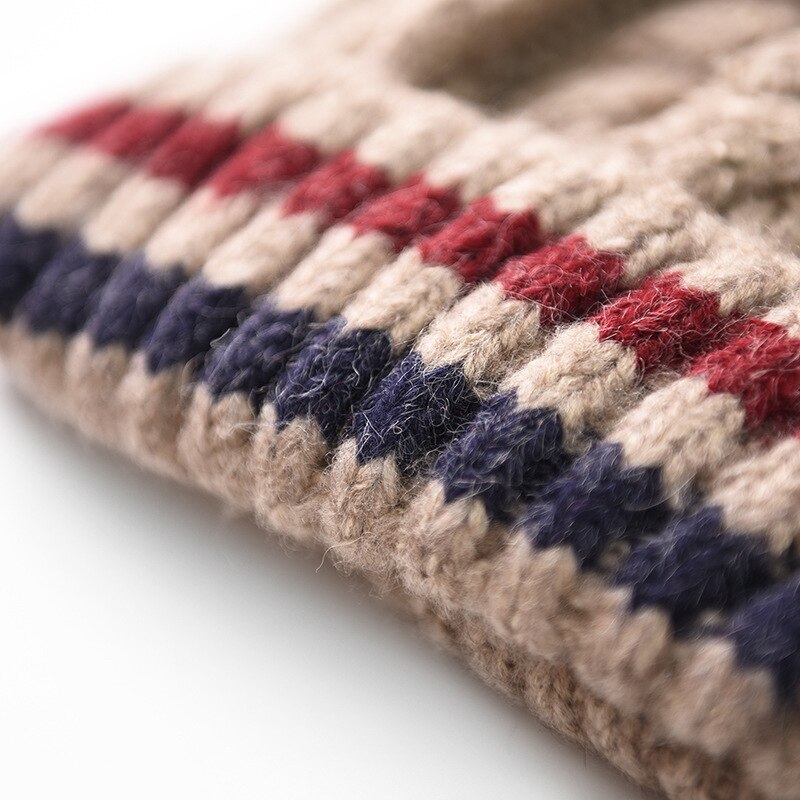 Winter warm Korean Hats for women striped woolen hat thickening plus pompon ball cap outdoor hemp pattern knitted hat