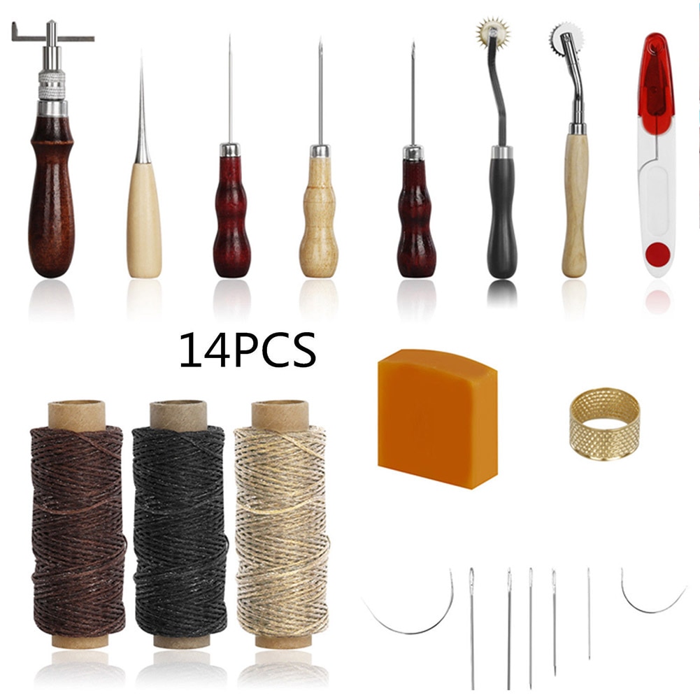 14PCS/set Leather Craft Punch Tools Kit Stitching Carving Working Sewing Saddle Groover Tool