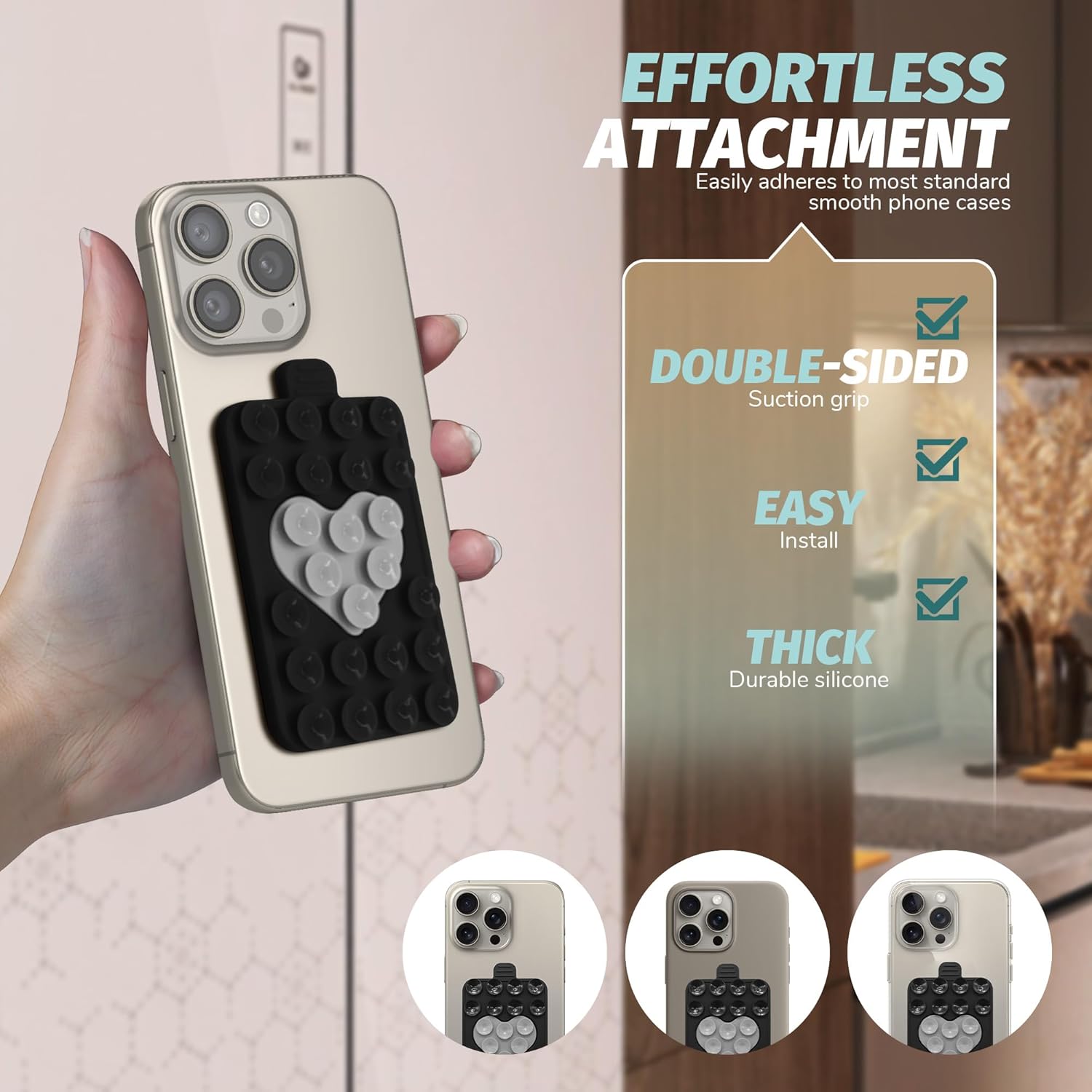 Support d'aspiration de téléphone Double face en forme de coeur, ventouse en Silicone polyvalente, étui de téléphone, poignée de téléphone collante