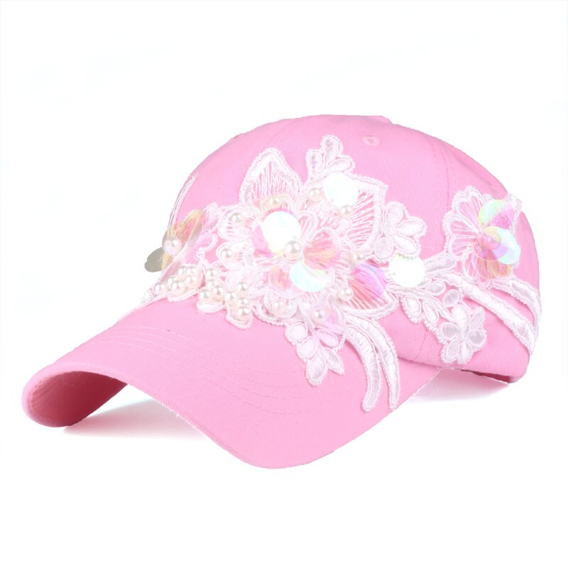 [yarbuu]merk pet stijl baseball pet voor vrouwen kralen bloem katoenen pet hiphop meisjes snapback hoed: Roze