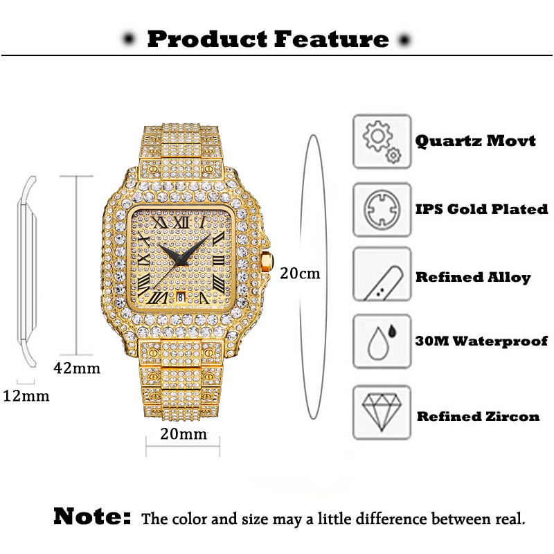 MISSFOX-Grande montre de luxe pour hommes, entièrement en diamant, style hip hop de rue, montres à quartz avec calendrier, directe