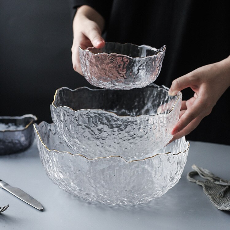 Cuenco de vidrio de corte dorado de estilo japonés, cuenco grande transparente Irregular para ensalada de verduras y frutas, cuenco rojo de Red, cuenco de postre