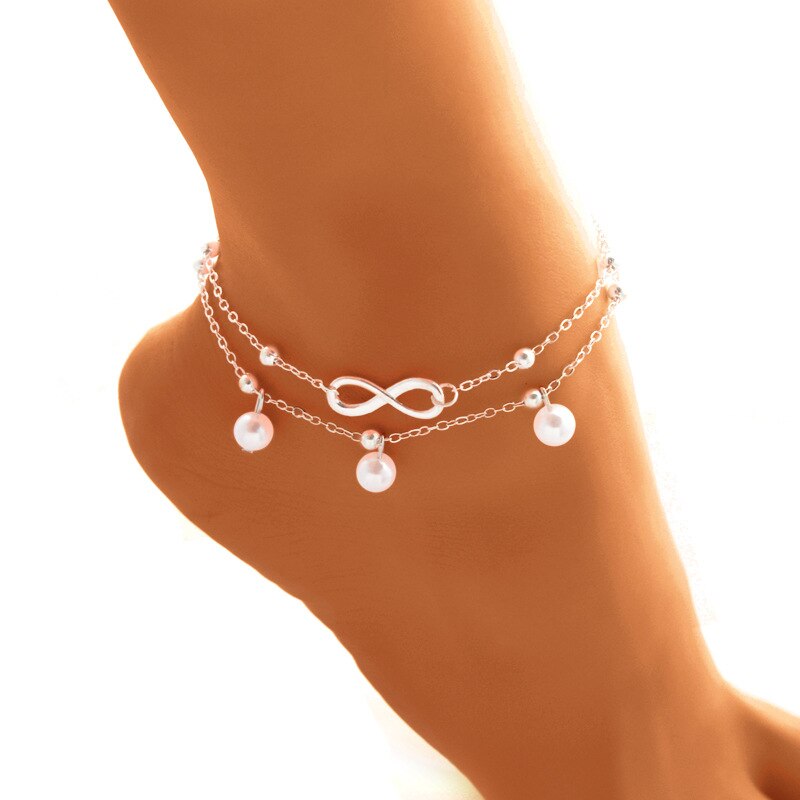 Infinite Love Pearl Anklet Girl Women Summer Beach Gold Silver Color Stainless Steel Anklets Bracelet Jewelry: A