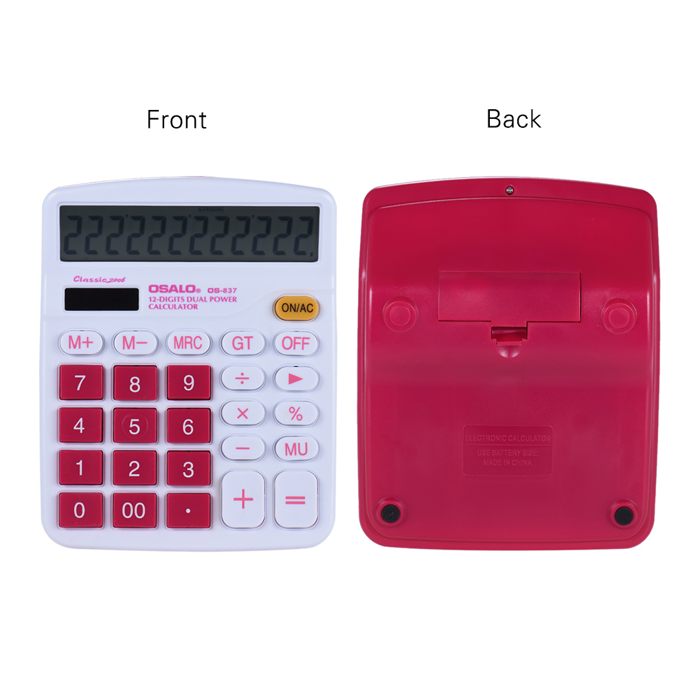Handheld Colorful Standard Function Desktop Electronic Calculator Solar and Battery Dual Powered 12 Digits Rose Red