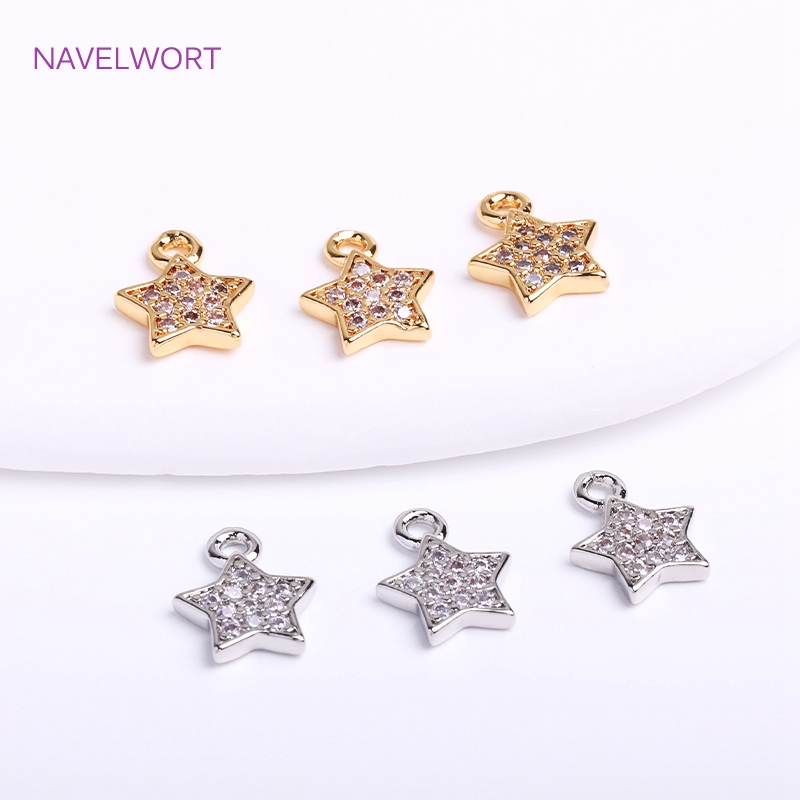 Pendientes de pentagrama chapados en oro de 14K, 7,5mm, bonitos dijes con incrustaciones de circón, colgantes de estrella pequeña, accesorios para hacer joyería DIY,