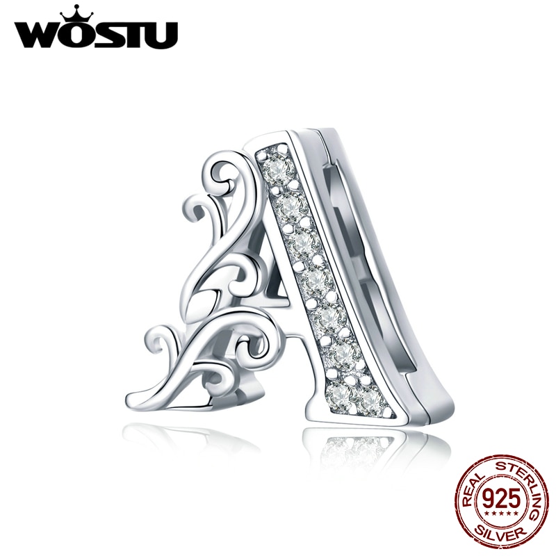 WOSTU 100% 925 argent Sterling lettre Alphabet A perles breloque en Zircon clair ajustement Original Bracelet Bracelet bijoux à bricoler soi-même CQX111