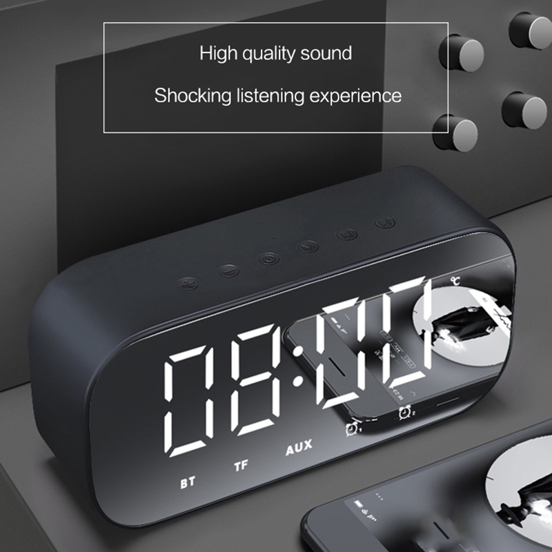 Bluetooth Speaker with FM Radio LED Mirror Alarm Clock Subwoofer Music Player Snooze Desktop Clock Wireless Black